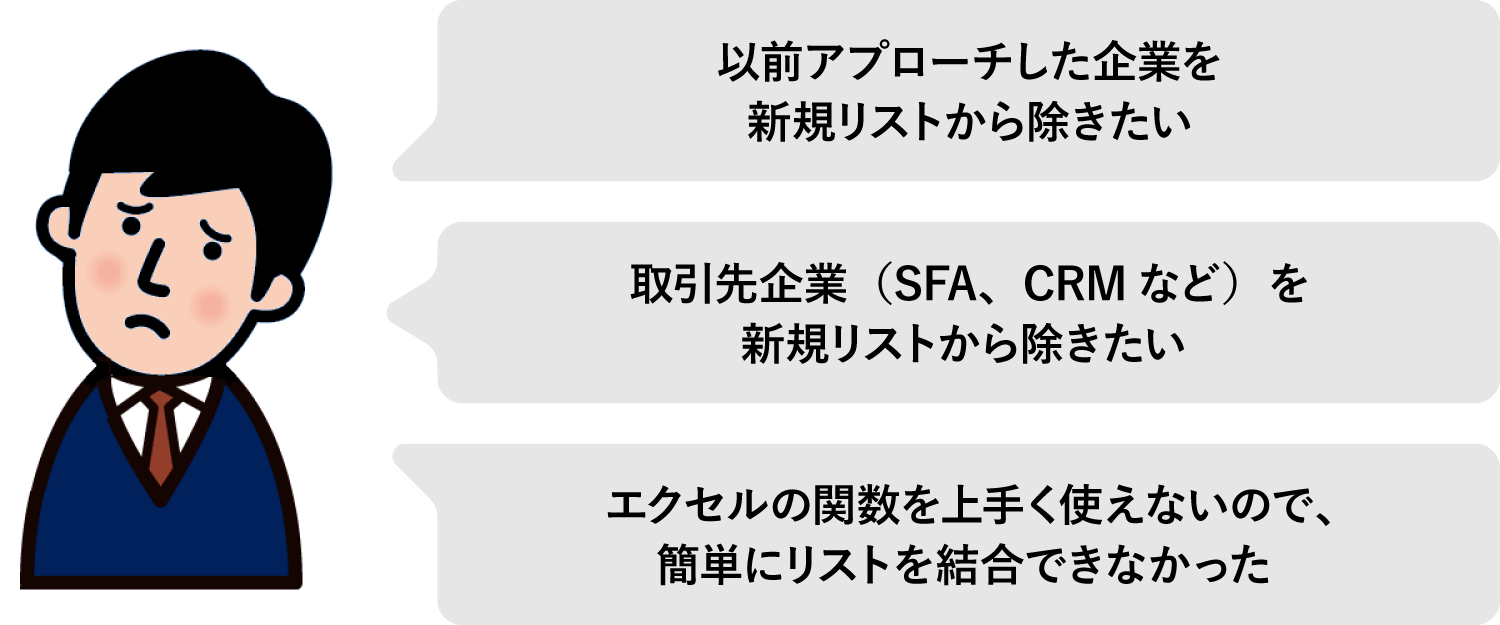 以前アプローチした企業を新規リストから除きたい 取引先企業（SFA、CRMなど）を新規リストから除きたい エクセルの関数を上手く使えないので、簡単にリストを結合できなかった