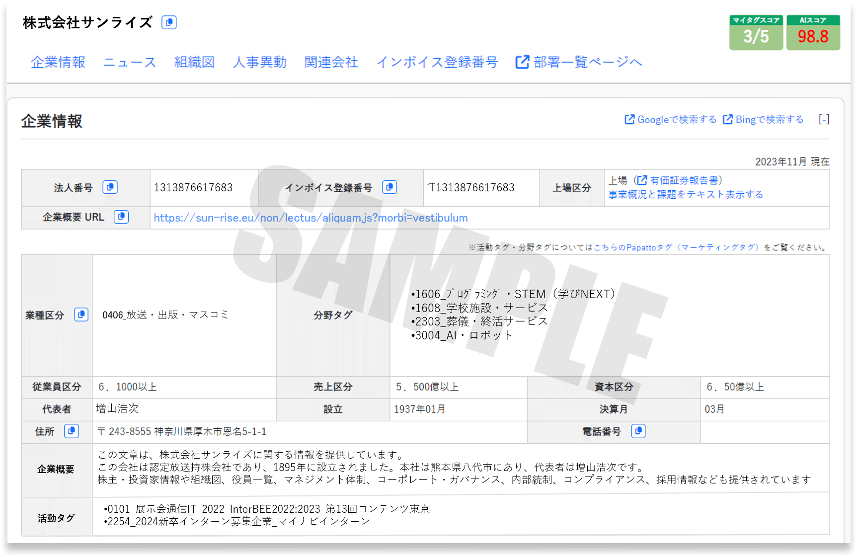 クリックサーチ 企業概要画面サンプル 