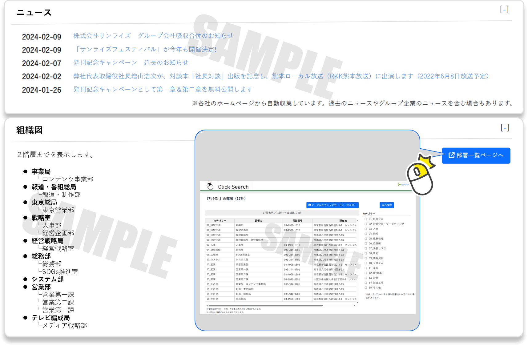 クリックサーチ ニュース・組織図画面サンプル